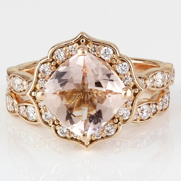LaMore 14k Rose Gold Morganite & Diamond Bridal Engagement Ring Wedding Band Set - Picture 1 of 14